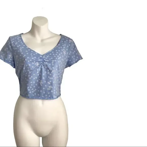 SHEIN Ditsy Flowers Ruched Neckline Periwinkle Crop Top Large Lavender - Picture 4 of 11